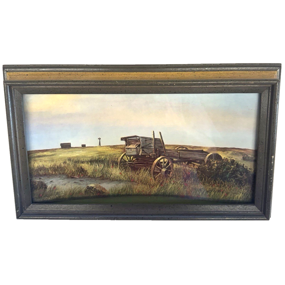 William Hoffman Print Framed "Vintage Wagon in Field w/Windmill" Custom Frame